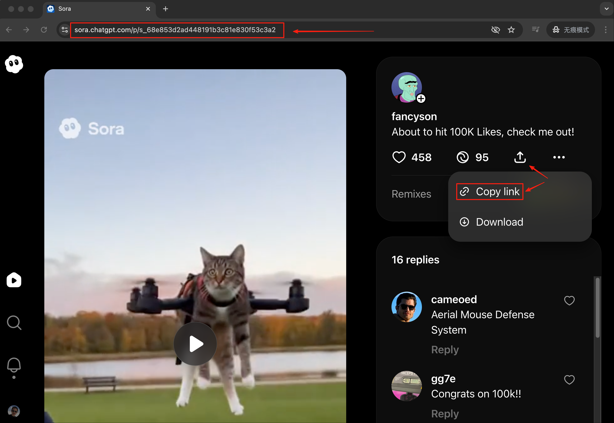 How to copy Sora video link - Copy from browser address bar